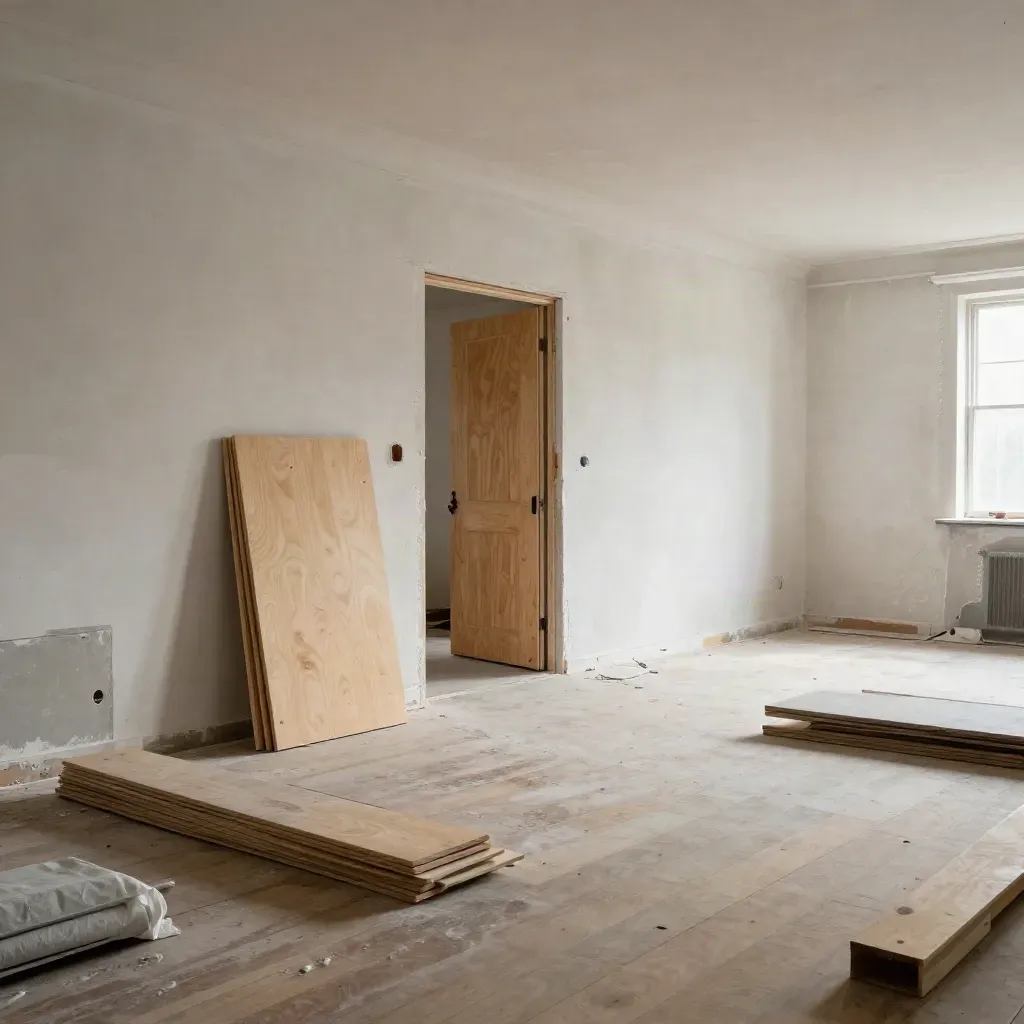 Fresh plaster, stacked floorboards and a plywood door in a dust-filled auction refurb room.
