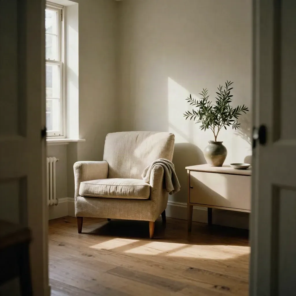 Moody Bristol terrace living room with armchair, plant, and key dish by a console.