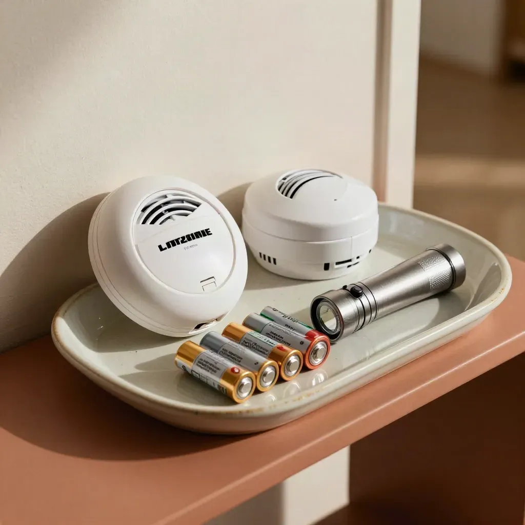 Overhead still life of home safety alarms, torch and batteries on a ceramic tray.