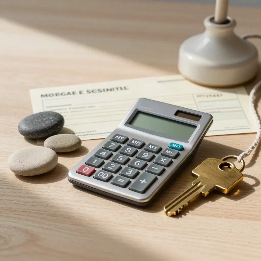 Calculator, house key and stone counters on pale wood in a mortgage check still life.