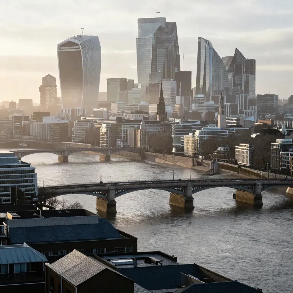 Dawn haze over the Thames with London skyline and bridge silhouettes, water calm below.