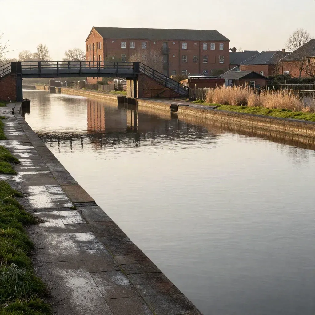 West Midlands canal quarter at golden hour with mills, bridgework, and still water